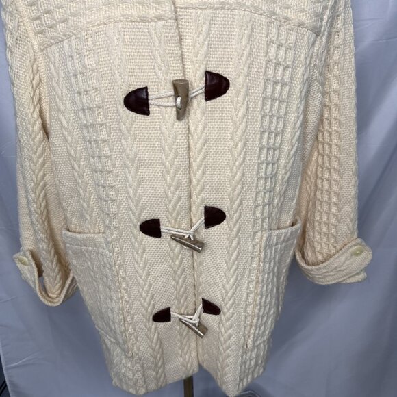 Branigan Weaver Wool Coat M Cream Toggle Buttons Cable Knit Cardigan Fisherman - Picture 4 of 15